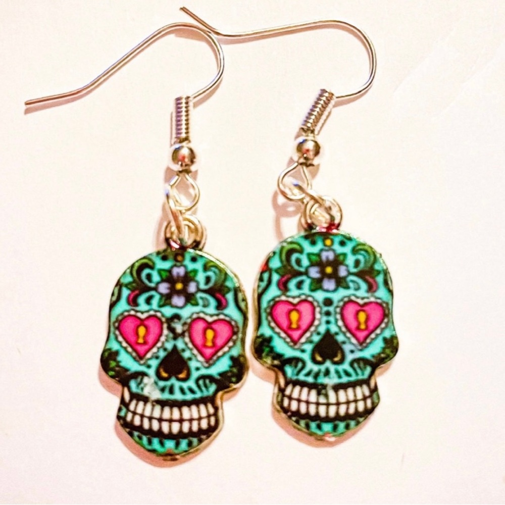 Blue Sugar Skull Metal Dangle Earrings